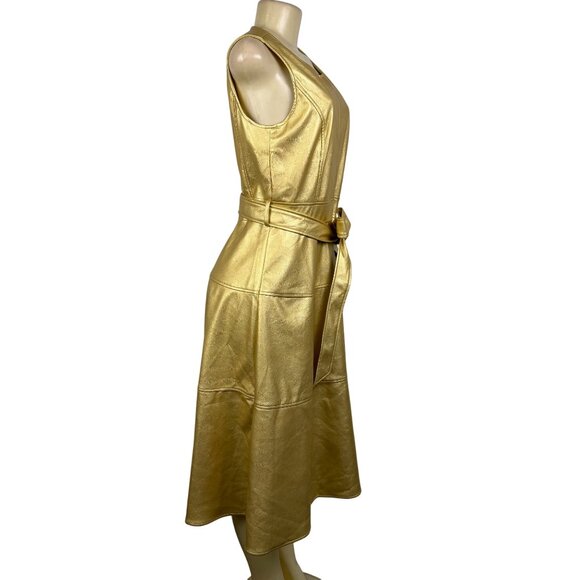 Fashion Collection Gold Faux Leather Sleeveless A-Line Midi Dress Belted Sz M - Picture 2 of 11